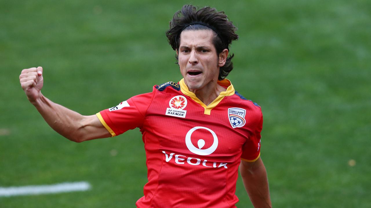 SOCCER - A-League - Adelaide United v Perth Glory at Coopers Stadium. Pablo Sanchez scores the first goal. Photo Sarah Reed.