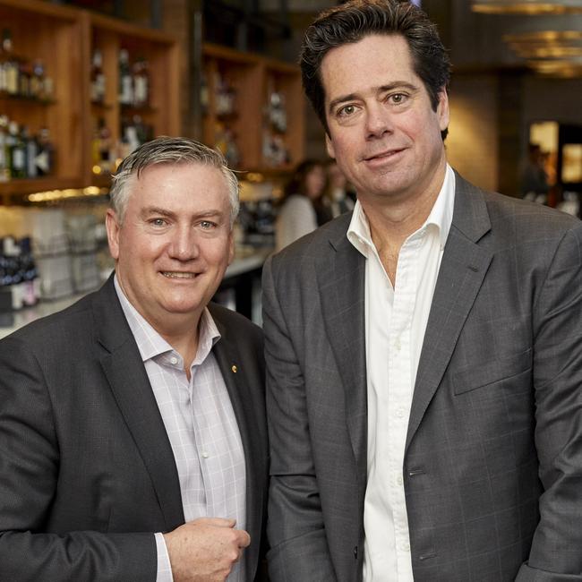 Eddie McGuire and Gil McLachlan at the Triple M Hot Breakfast 2019 Grand Final Breakfast. Picture: Supplied/Triple M