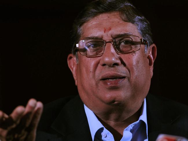 President of the Board of Control for Cricket in India (BCCI), N. Srinivasan addresses a press conference in Kolkata on May 26, 2013. The son-in-law of India's cricket board chief was on Sunday suspended from "any involvement" in the sport pending an inquiry into his role in a spot-fixing scandal, officials said. AFP PHOTO