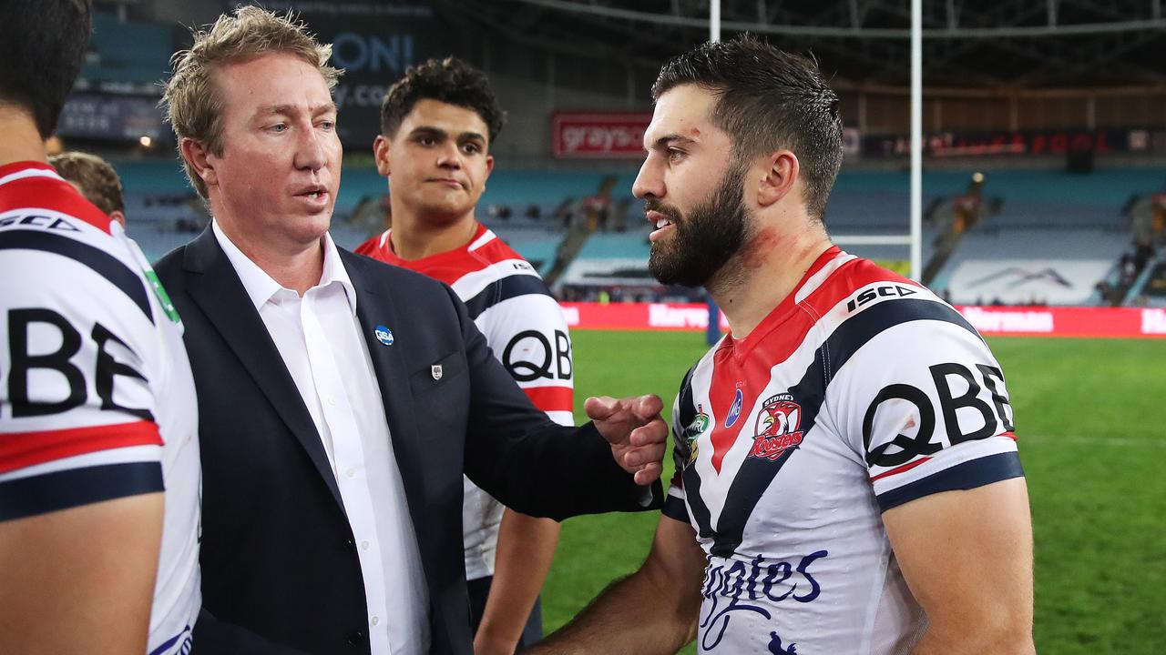 Roosters coach Trent Robinson with James Tedesco after winning the minor premiership.