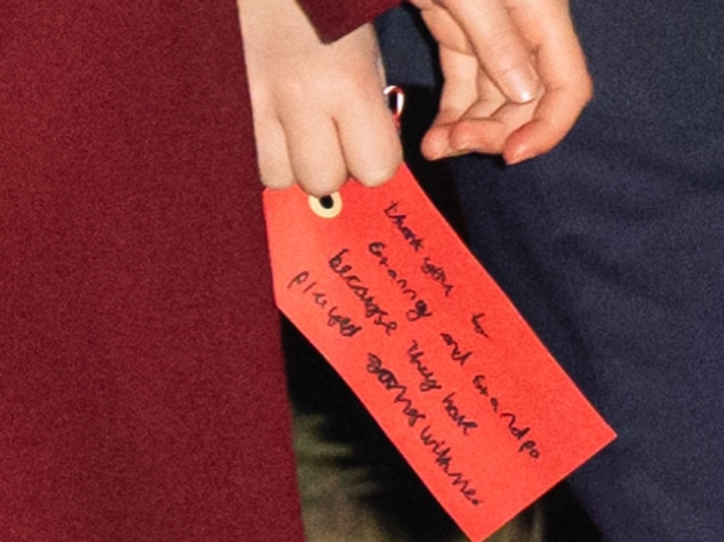 The handwritten note Prince Louis added to the Kindness tree. Picture: Samir Hussein/Wire Image