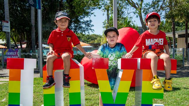 Charlie Morrow, Jack Morrow and Rex Morrow as Territorians celebrating all things in 2024 at the Darwin Waterfront. Picture: Pema Tamang Pakhrin