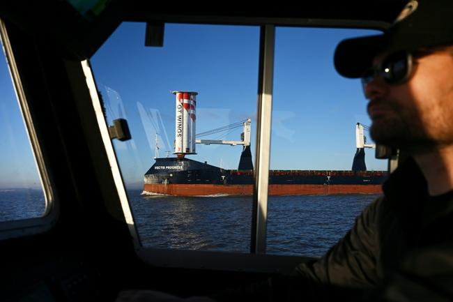 The experimental sail uses wind to help power the cargo ship to reduce fuel use