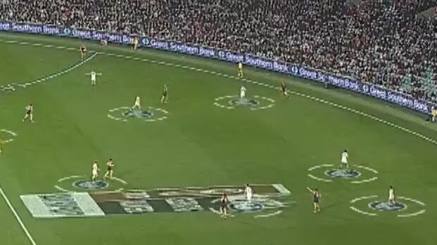 The down the line kick isn't working for Melbourne. Photo: Fox Footy.