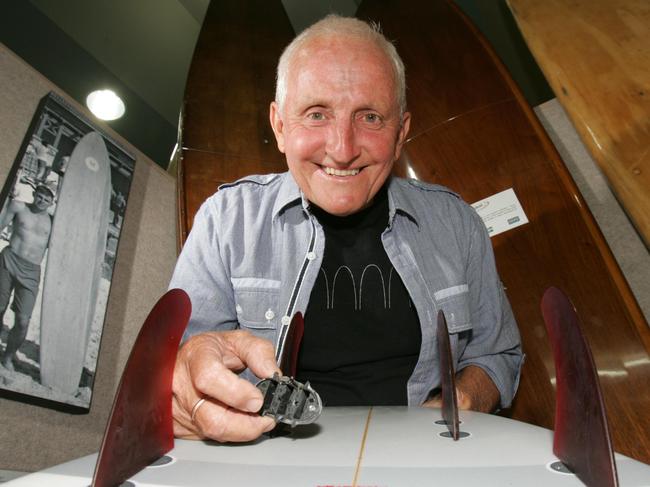 Bob McTavish with his new patented fin box design in 2009. Picture: Richard Gosling