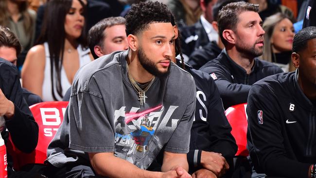 BROOKLYN, NY - MARCH 29: Ben Simmons #10 of the Brooklyn Nets sits on the bench during the game against the Houston Rockets on March 29, 2023 at Barclays Center in Brooklyn, New York. NOTE TO USER: User expressly acknowledges and agrees that, by downloading and or using this Photograph, user is consenting to the terms and conditions of the Getty Images License Agreement. Mandatory Copyright Notice: Copyright 2023 NBAE (Photo by Brian Babineau/NBAE via Getty Images)
