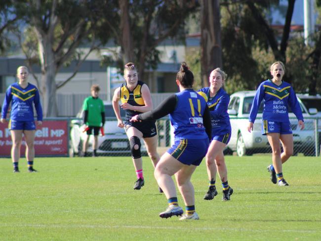 SFLW Community League - Action from Sorell v St Virgils during the annual Pink Sock-Carolyn Birch Memorial Match. Picture: Jake Garland
