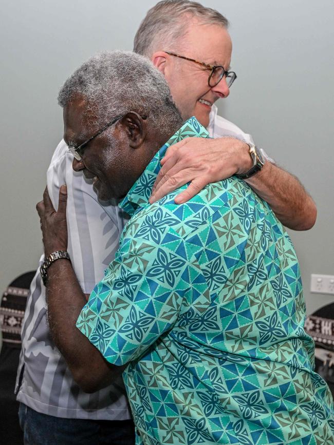 Anthony Albanese and Solomon Islands Prime Minister Manasseh Sogavare in Suva on Wednesday. Picture: AFP