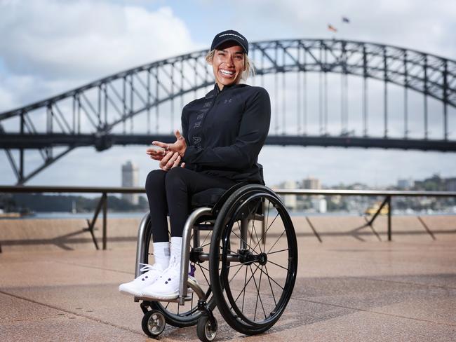 Embargoed for The Daily telegraph. 12.9.2024 Madison de Rozario pictured in front of the Sydney harbour Bridge ahead of this weekends Sydney Marathon. Picture: Rohan Kelly