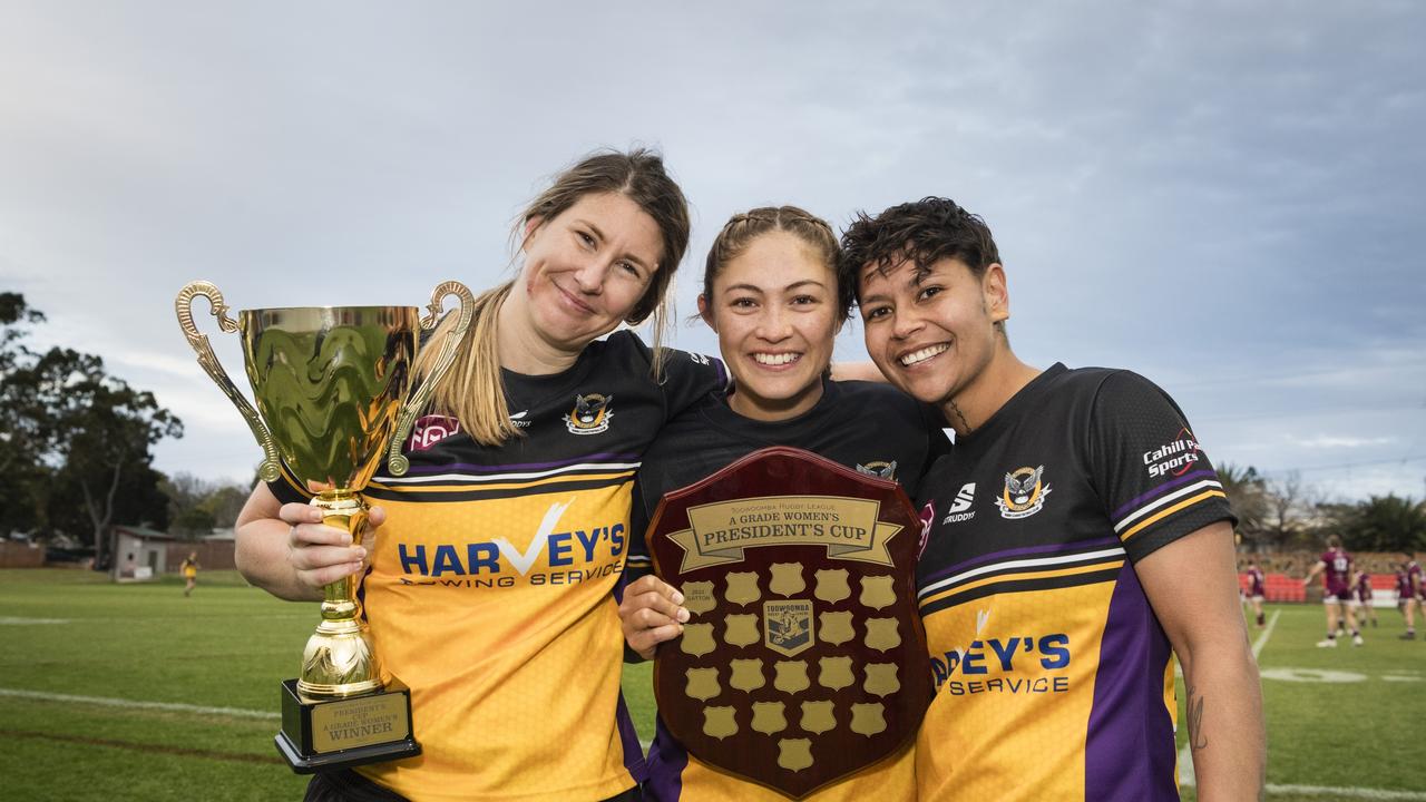 Gatton players (from left) Kimberley Dore, Natalia Webb and Courtney Robinson celebrate their win against Oakey. Picture: Kevin Farmer