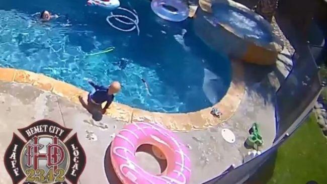 One-year-old Cole just seconds before he jumps into the backyard pool and sinks to the bottom. Picture: Instagram/hemetfirefighters2342