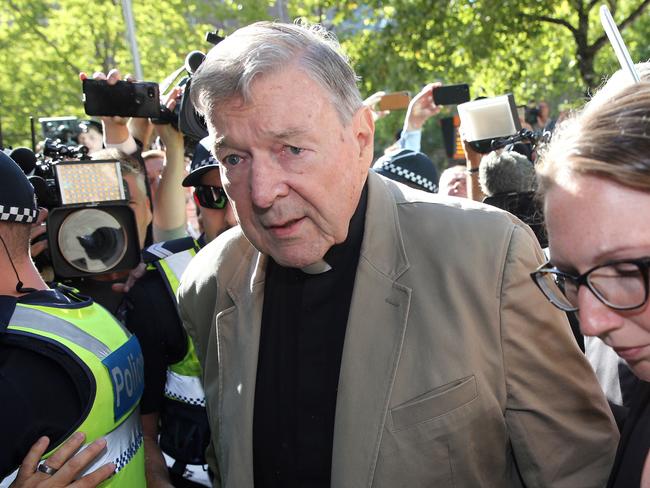 Disgraced Cardinal George Pell arriving in court before he was jailed for child sex crimes. Picture: Con Chronis/AFP