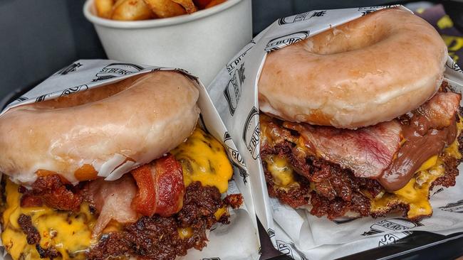 The Krispy D from Melbourne’s St Burgs combines a doughnut with a burger. Picture: Issac Eats A Lot