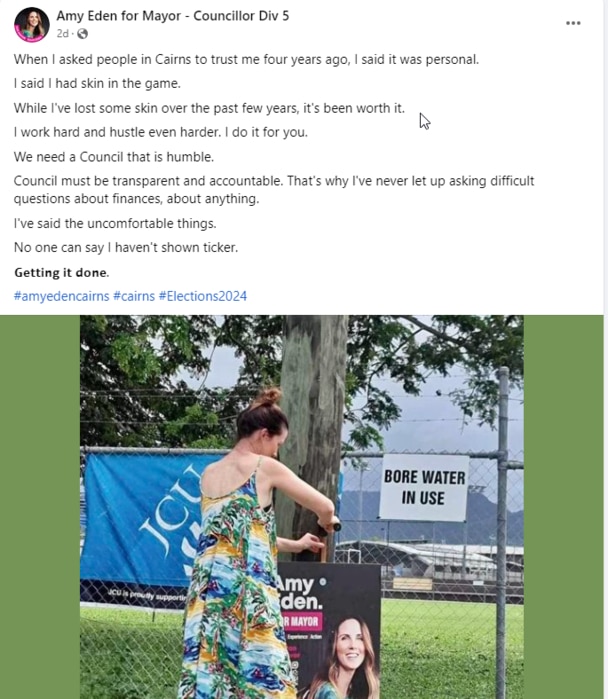 Cairns mayoral candidate Amy Eden's Facebook post earlier this week bares a striking resemblance to Dr Rebecca Vonhoff's, published earlier in the month.