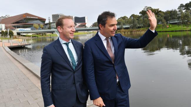 Premier Steven Marshall and Minister for Water and Environment David Speirs at Elder Park. Picture: AAP Image/David Mariuz