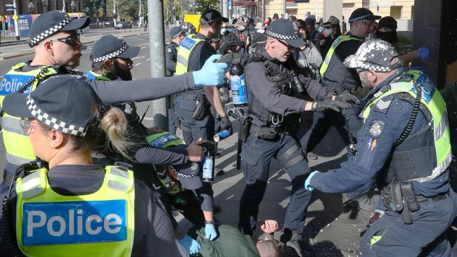 Police deployed pepper spray on unruly protesters. Picture: David Crosling