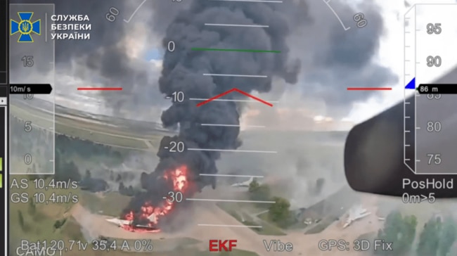 Footage shows drone after drone hammering Russia's nuclear bomber fleet. Picture: Security Service of Ukraine
