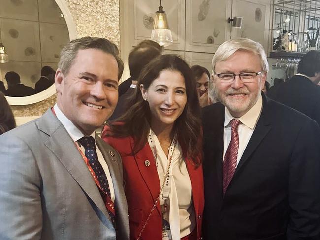 Michael Waltz Congressman from Florida’s 6th District and Chair of the Armed Services Sub-Committee, his wife Dr Julia Nesheiwat, former Homeland Security Advisor to the President pose with Rudd at the convention. Photo: X