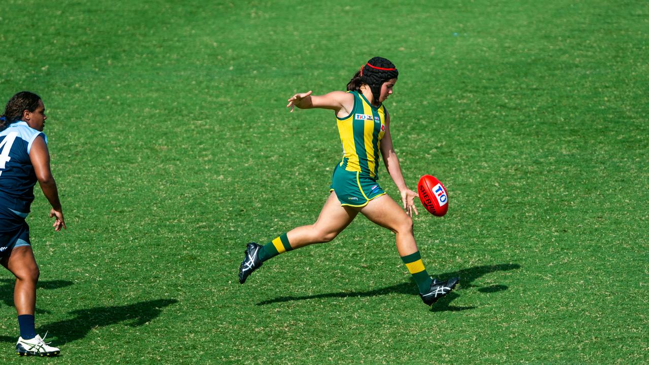 2020-21 NTFL Women's Premier League Grand Final - Darwin Buffettes v PINT Queenants. Claudia Fabris celebrates the first goal of the final. Photograph: Che Chorley