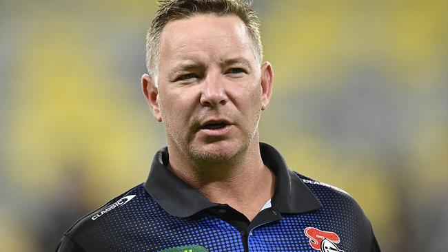 TOWNSVILLE, AUSTRALIA - APRIL 22: Newcastle coach Adam O'Brien looks on before the start of the round eight NRL match between North Queensland Cowboys and Newcastle Knights at Qld Country Bank Stadium on April 22, 2023 in Townsville, Australia. (Photo by Ian Hitchcock/Getty Images)