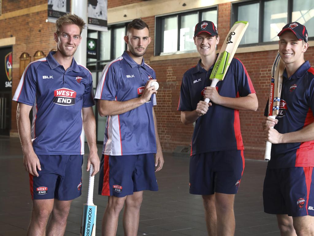 SACA cricket recruits, (LtoR) Will Bosisto, Aaron Summers, Liam Scott, and Henry Hunt, at Adelaide Oval. 25 September 2019. Picture Dean Martin