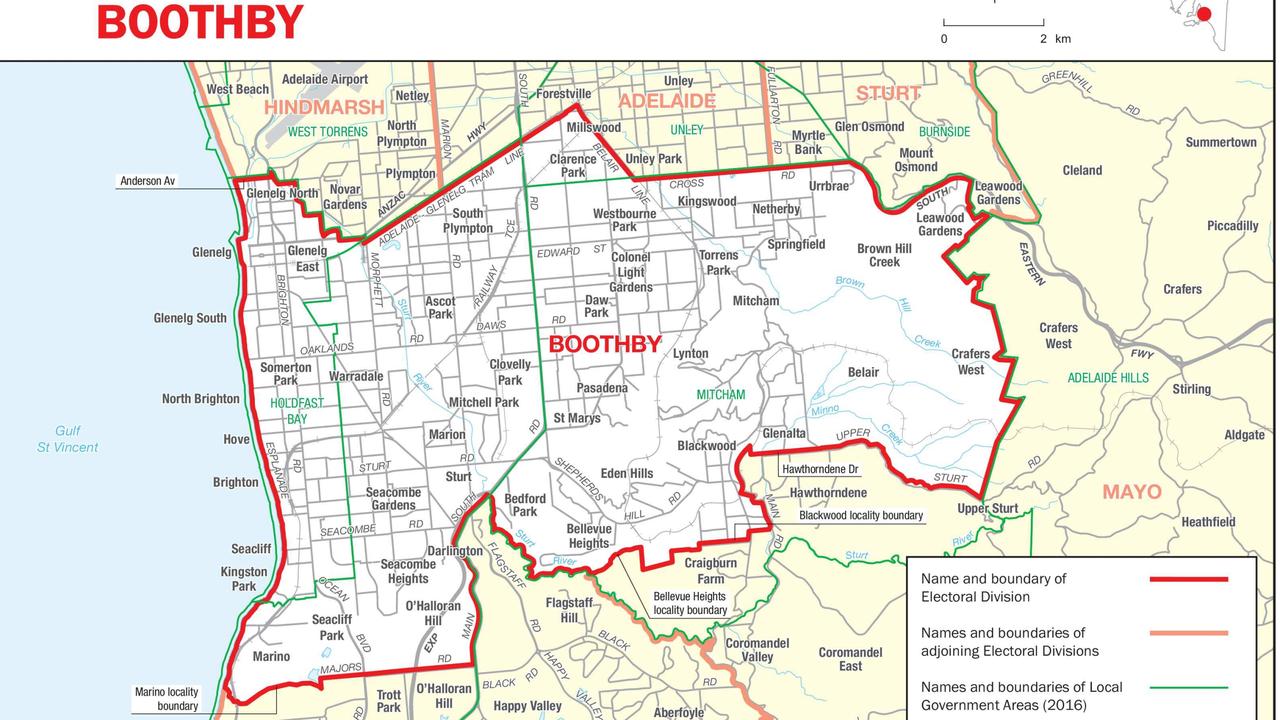 Map of the Federal electorate of Boothby in South Australia. Picture: Australian Electoral Commission