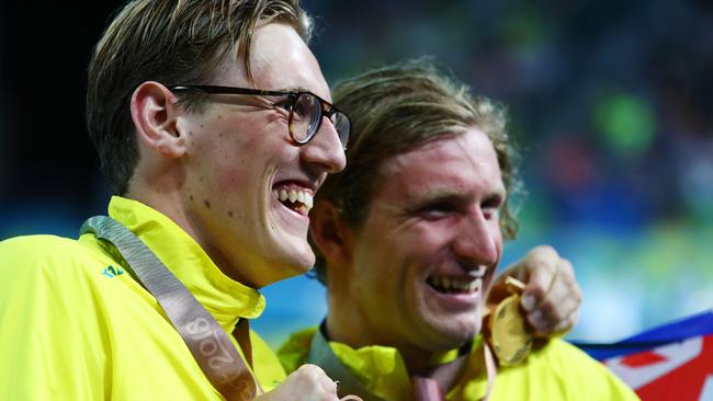 1500m freestyle bronze medallist Mack Horton (left) with gold medallist Jack McLoughlin. Picture: Clive Rose/Getty Images