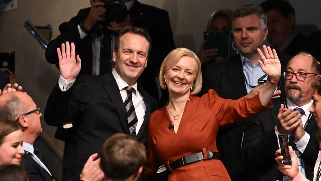 Liz Truss with husband Hugh O'Leary after her speech on the final day of the Conservative Party conference in Birmingham on Wednesday. Picture: Getty Images