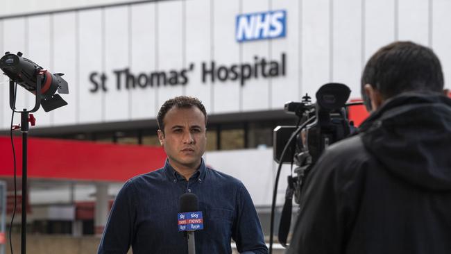 Members of the media gather outside St Thomas’ Hospital in London, where British Prime Minister Boris Johnson is receiving treatment in intensive care. Picture: Getty Images