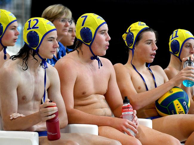 The Sunshine Coast bench.Sunshine Coast Vs UNSW WestsAustralian water polo youth championships at the Sleeman Sports Complex.Thursday April 14, 2022. Picture, John Gass