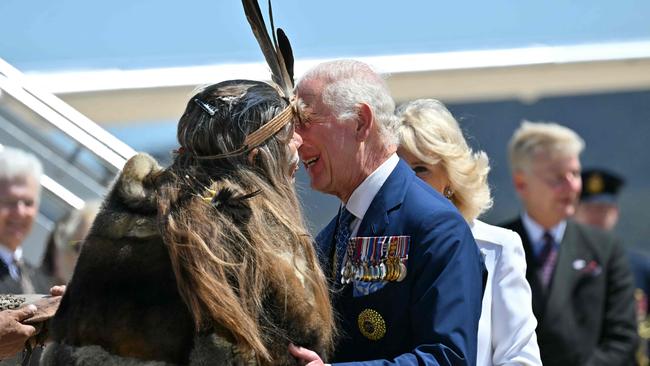 Britain’s King Charles III and Queen Camilla are greeted by Ngunnawal Elder Aunty Serena Williams at Defence Establishment Fairbairn in Canberra on October 21, 2024. Picture: Saeed KHAN / POOL / AFP