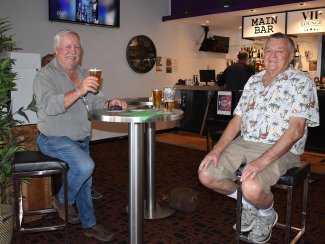 Casino mates Jock Borrowman and Greg Peterson have a toast at the Oxford Hotel for Greg's 77th birthday.