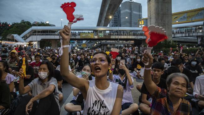 Pro-democracy protesters rally in Bangkok on Wednesday. Picture: Getty Images