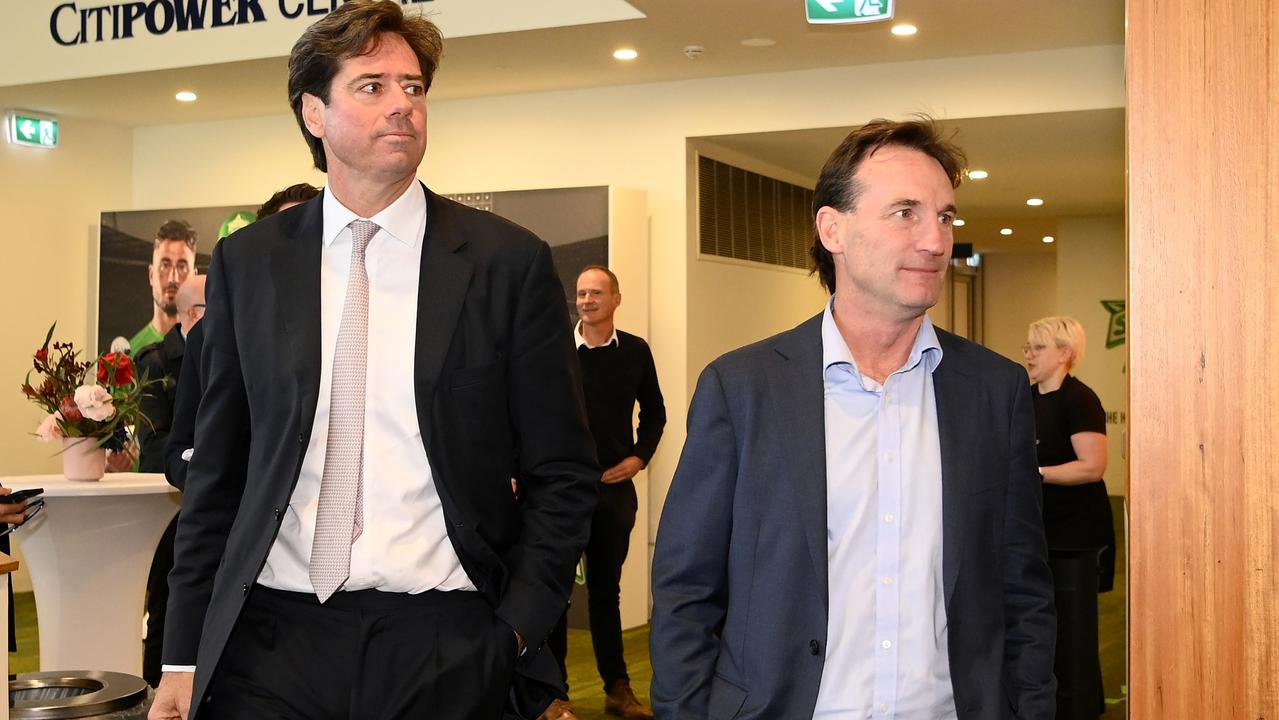 MELBOURNE, AUSTRALIA – MAY 26: AFL CEO Gillon McLachlan and Andrew Dillon arrive during a media opportunity with Australian sports governing body representatives who will support the Voice, at CitiPower Centre on May 26, 2023 in Melbourne, Australia. (Photo by Quinn Rooney/Getty Images)