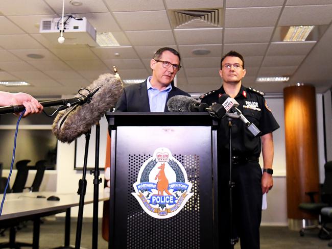 Chief Minister Michael Gunner and NT Police Commissioner Reece Kershaw speaking to media after the shootings. Picture: Keri Megelus