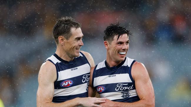 Oliver Henry and Jeremy Cameron celebrate a goal. Picture: Dylan Burns/AFL Photos via Getty Images