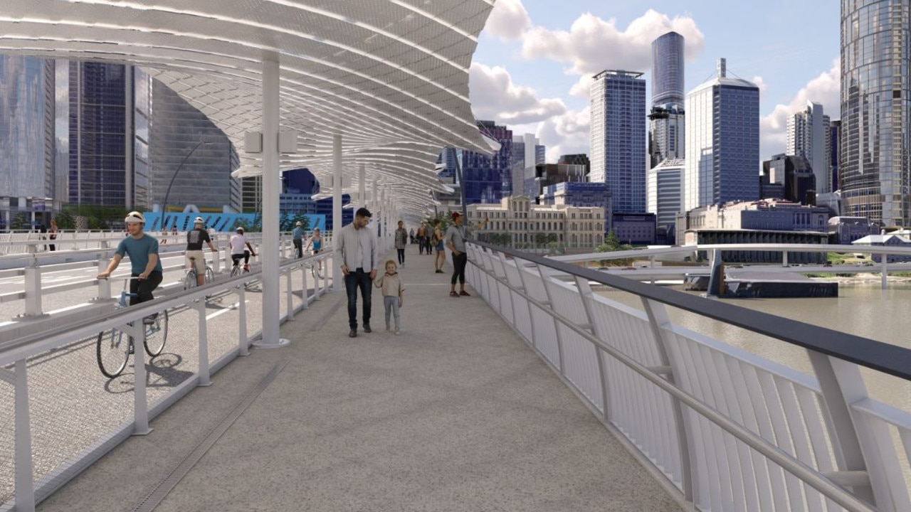 Artist's impression of how the Victoria Bridge shade structures will look when installed. At the moment, it is a hot construction site exposed to the elements.