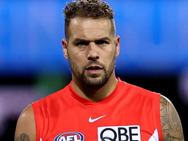 SYDNEY, AUSTRALIA - APRIL 08: Lance Franklin of the Swans looks on during the round four AFL match between Sydney Swans and Port Adelaide Power at Sydney Cricket Ground, on April 08, 2023, in Sydney, Australia. (Photo by Brendon Thorne/AFL Photos/via Getty Images )