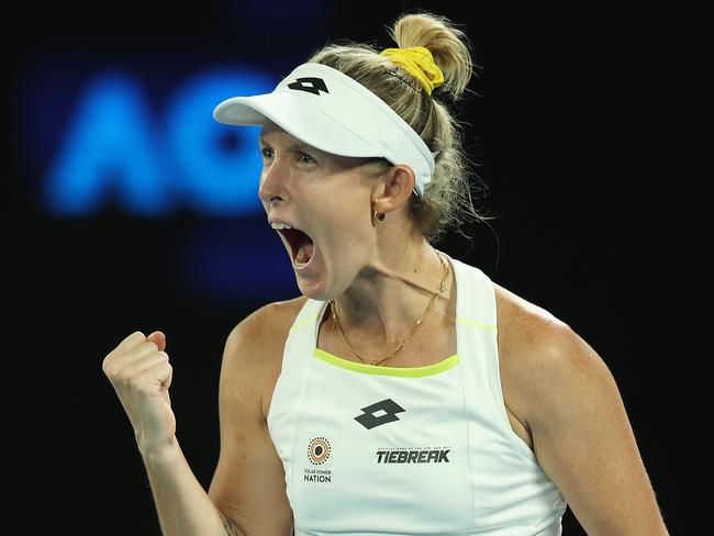 MELBOURNE, AUSTRALIA - JANUARY 19: Storm Hunter of Australia celebrates a point in their round three singles match against Barbora Krejcikova of Czech Republic during the 2024 Australian Open at Melbourne Park on January 19, 2024 in Melbourne, Australia. (Photo by Daniel Pockett/Getty Images)