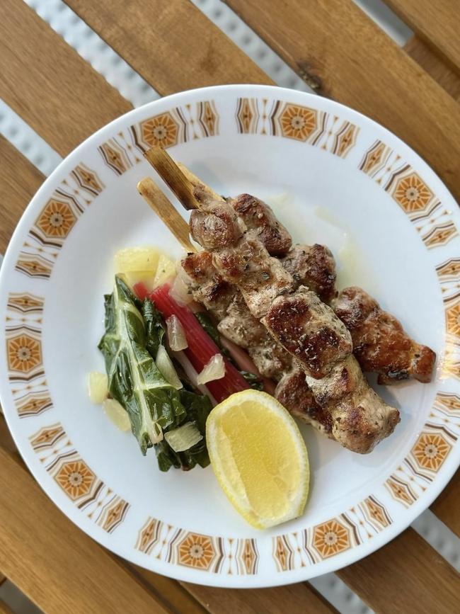 Pork souvlaki and rainbow chard.