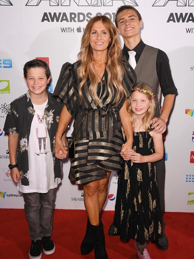 Kasey Chambers, inducted into the ARIA Hall of Fame, with her children Arlo, Poet and Talon. Picture: AAP