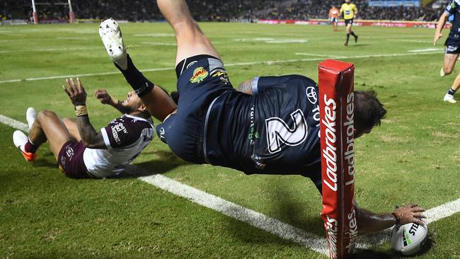 Kyle Feldt crossed for a trademark stunner in the corner. Picture: Ian Hitchcock