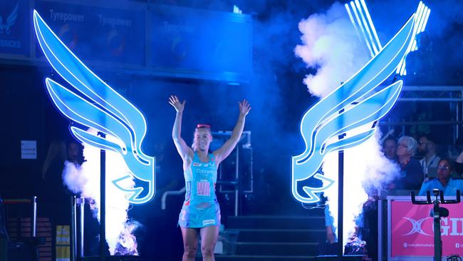 MELBOURNE, AUSTRALIA - APRIL 14:  Tayla Fraser of the Mavericks runs out during the round one Super Netball match between Melbourne Mavericks and Melbourne Vixens at John Cain Arena, on April 14, 2024, in Melbourne, Australia. (Photo by Kelly Defina/Getty Images)