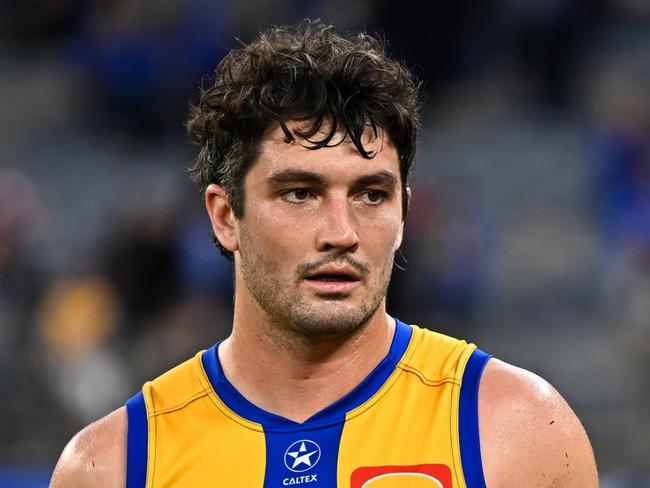 PERTH, AUSTRALIA - JUNE 08: Tom Barrass of the Eagles unhappy after the loss during the 2024 AFL Round 12 match between the West Coast Eagles and the North Melbourne Kangaroos at Optus Stadium on June 08, 2024 in Perth, Australia. (Photo by Daniel Carson/AFL Photos via Getty Images)