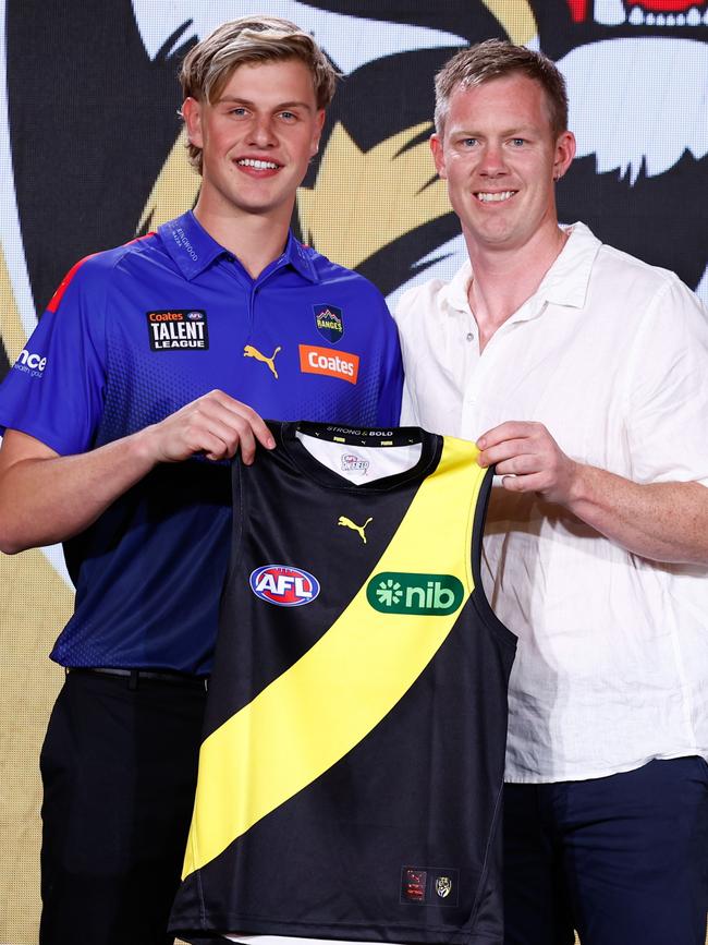 No. 7 pick Josh Smilie with Jack Riewoldt at last year’s draft. (Photo by Michael Willson/AFL Photos via Getty Images)
