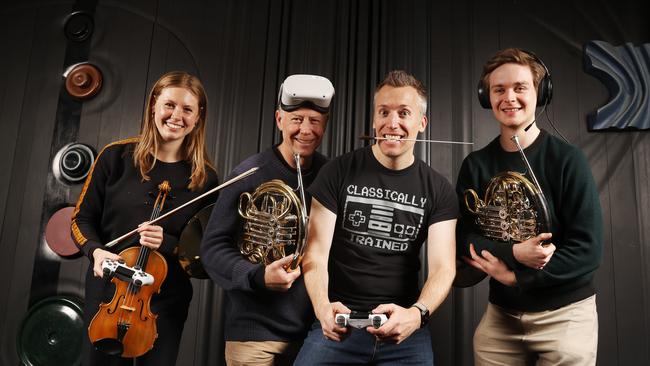 Grace Thorpe violin, Roger Jackson French horn, Nicholas Buc conductor, Aaron Molnar French horn. The Tasmanian Symphony Orchestra will perform Gaming Music: Escape to New Worlds. Picture: Nikki Davis-Jones