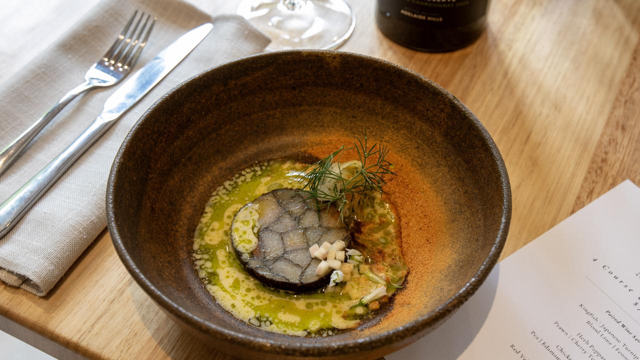 Kingfish, japanese turnip, nori at The Terrace restaurant at Cobb's Hill Estate, Adelaide Hills. Picture: Supplied