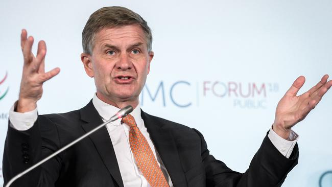 (FILES) In this file photo taken on October 2, 2018 United Nations Under-Secretary-General for environment Erik Solheim speaks during the opening debate of the 2018 edition of the World Trade Organisation (WTO) public forum on sustainable trade at the WTO headquarters in Geneva. - UN environment chief Erik Solheim resigned on November 20, 2018 after an audit questioning his huge travel expenses triggered an outcry, UN officials said.The former environment minister of Norway had been at the helm of the Nairobi-based UN Environment Programme (UNEP) since June 2016. A UN audit found that Solheim had spent nearly $500,000 on travel and that he claimed unjustified expenses at a time when the world body is struggling with shrinking budgets. (Photo by Fabrice COFFRINI / AFP)