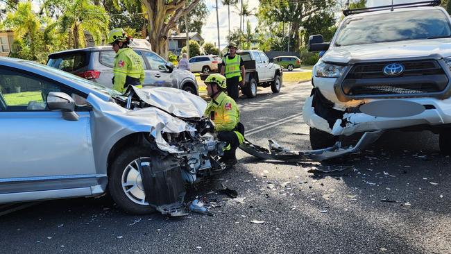 A sedan collided head-on with a ute after earlier taking out a parked boat and trailer in Sawtell on Wednesday, January 8. Picture: Facebook