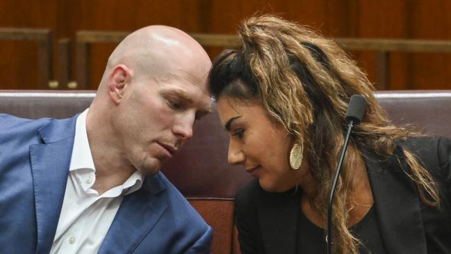 Independent senators David Pocock and Lidia Thorpe deep in conversation on the crossbench on Tuesday, a day after Senator Thorpe quit the Greens. Picture: Getty Images